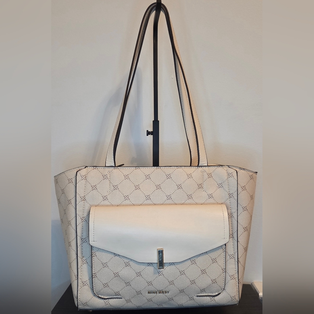 Nine West Cream Monogram Tote Bag Zip Top Work Laptop Purse Beige